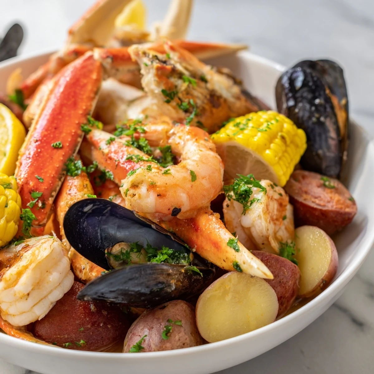 Golden ears of Cajun Seafood Boil with Corn glisten with melted butter, next to peppery potatoes and lemons.