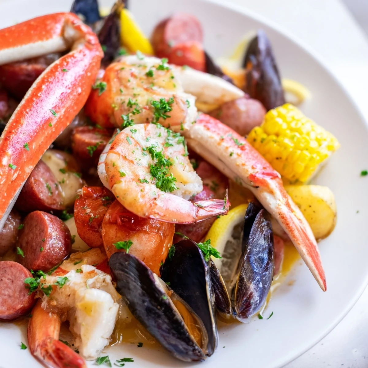Family-style Cajun Seafood Boil with Corn served on a platter with shellfish, sausage, and zesty lemon wedges.