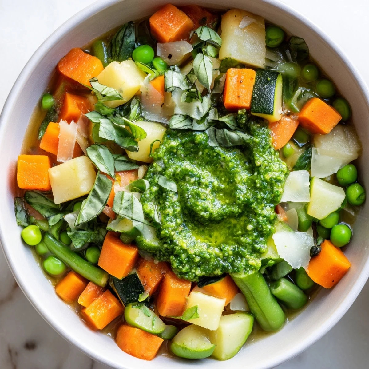 A vibrant bowl of Spring Vegetable Soup with Pesto topped with fresh basil and grated Parmesan.