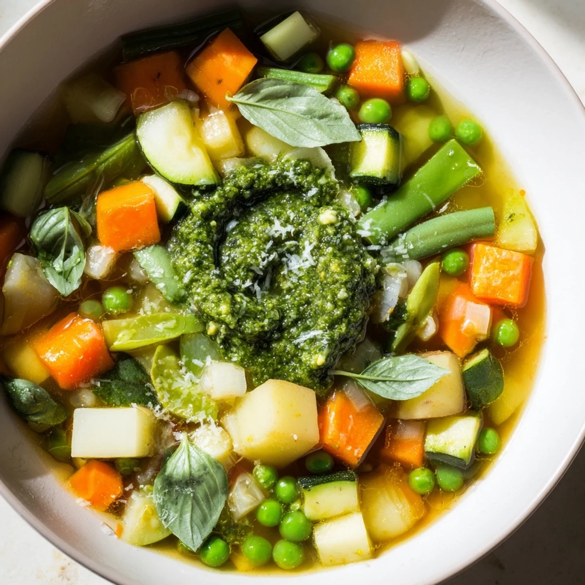 Spring Vegetable Soup with Pesto served steaming in a rustic bowl alongside crusty artisan bread.