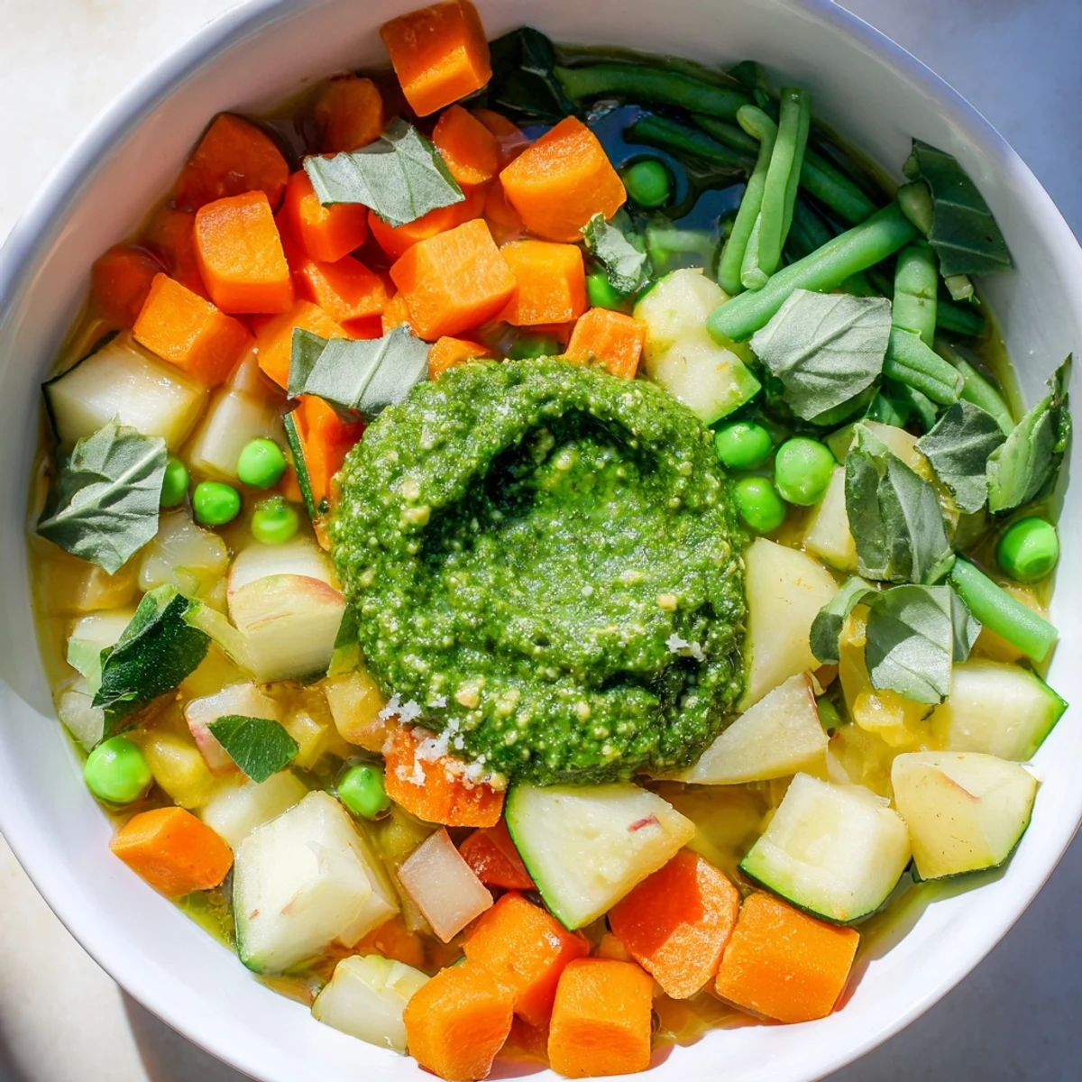 Close-up of Spring Vegetable Soup with Pesto featuring tender green beans and carrots in broth.