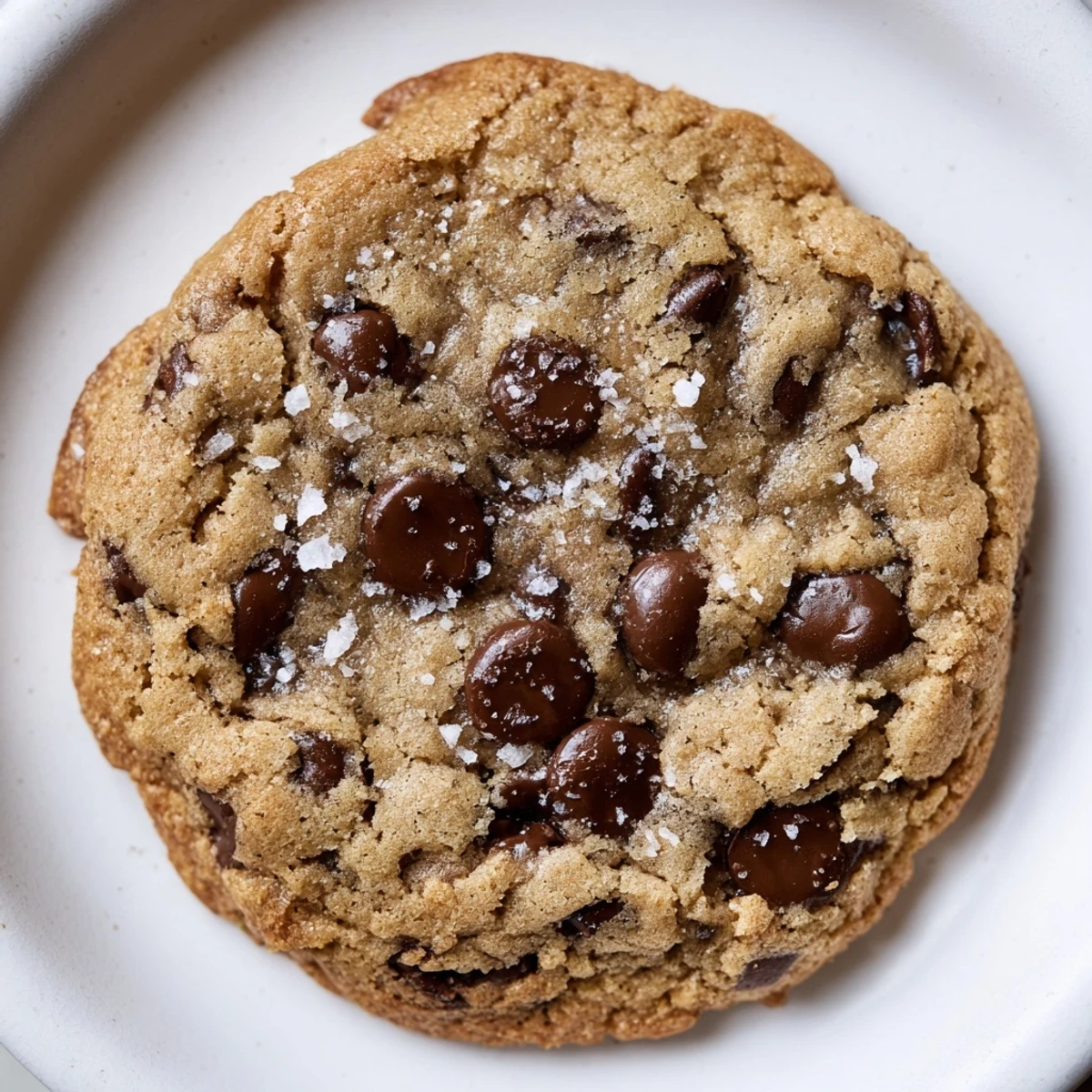 A stack of warm Chocolate Chip Cookies with Sea Salt on a rustic wooden board, showcasing their chewy centers and golden edges.
