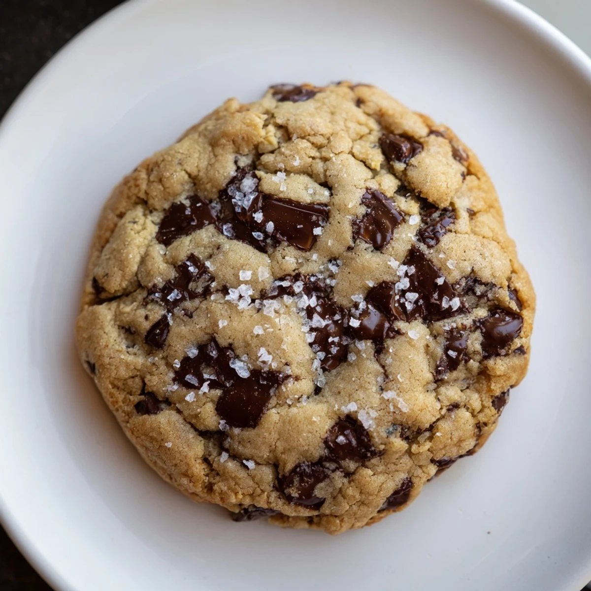 Overhead view of golden-brown Chocolate Chip Cookies with Sea Salt arranged on a parchment-lined baking sheet, ready to be served with milk.