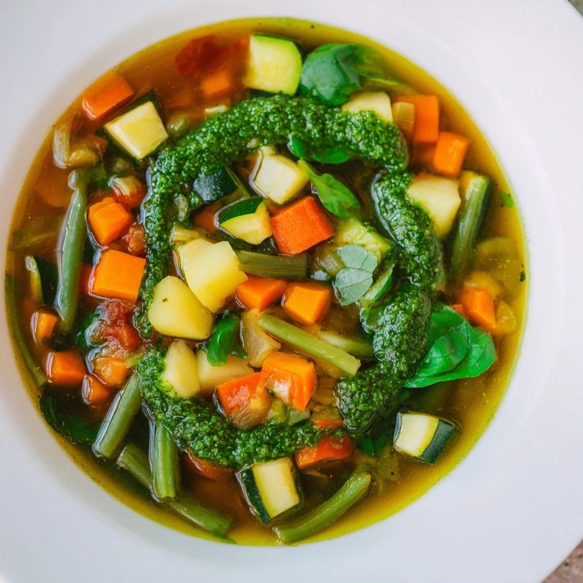 Creamy pesto swirls over a bowl of Spring Vegetable Soup with tender peas and carrots.