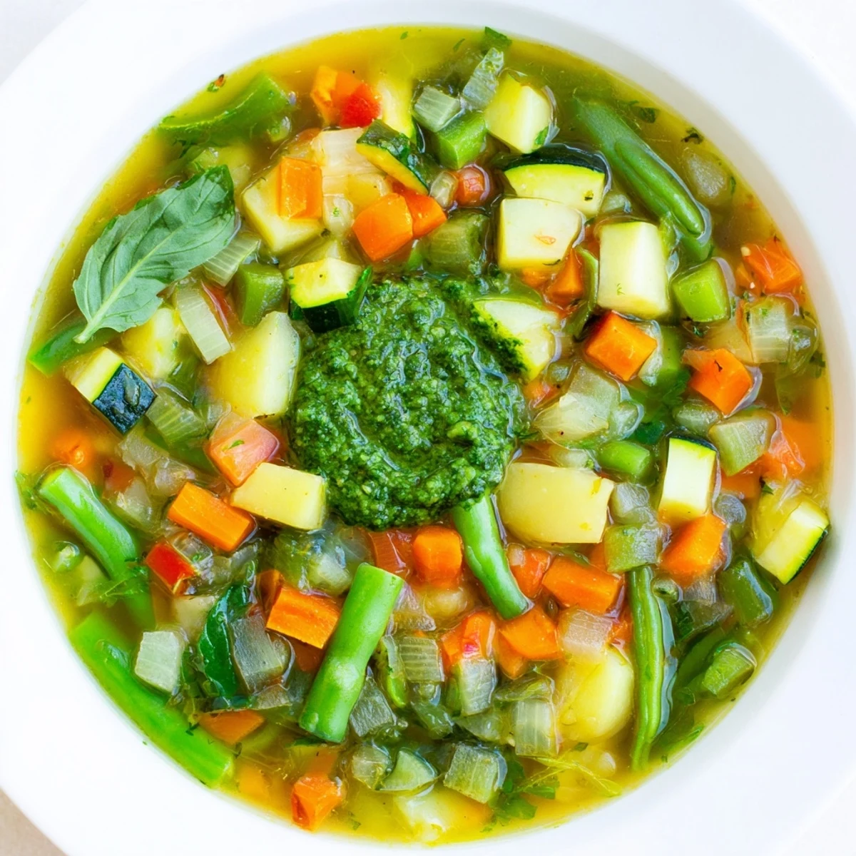 Spring Vegetable Soup with pesto swirl served in a white bowl beside crusty bread.