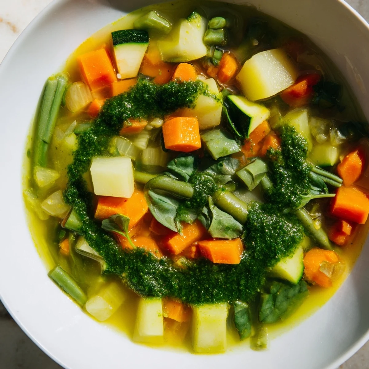 A ladle pours Spring Vegetable Soup with pesto into a rustic bowl, steam rising.