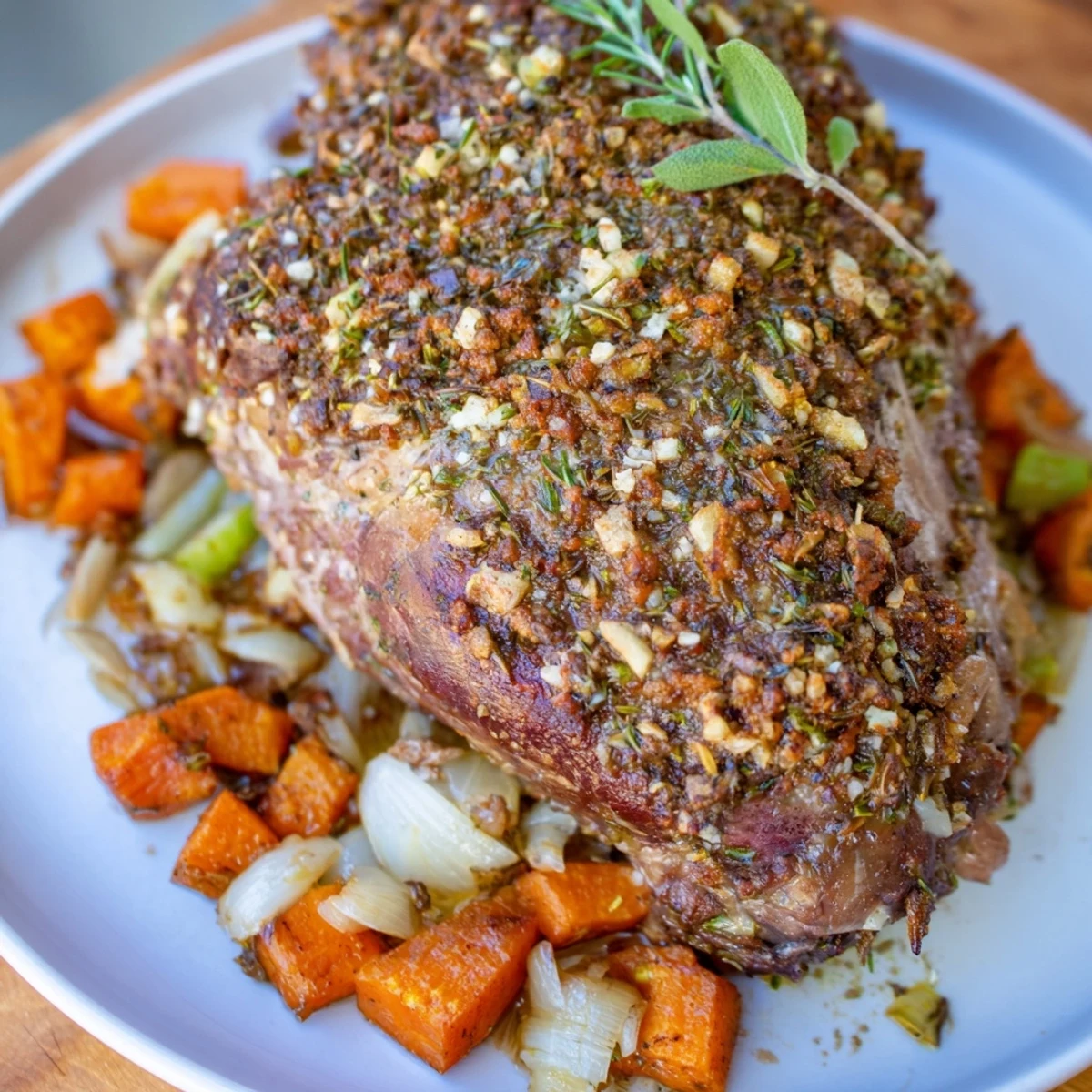 Golden-brown, herb-crusted Roasted Lamb Shoulder with Fresh Herbs rests on a bed of caramelized onions and carrots, with glistening pan juices.