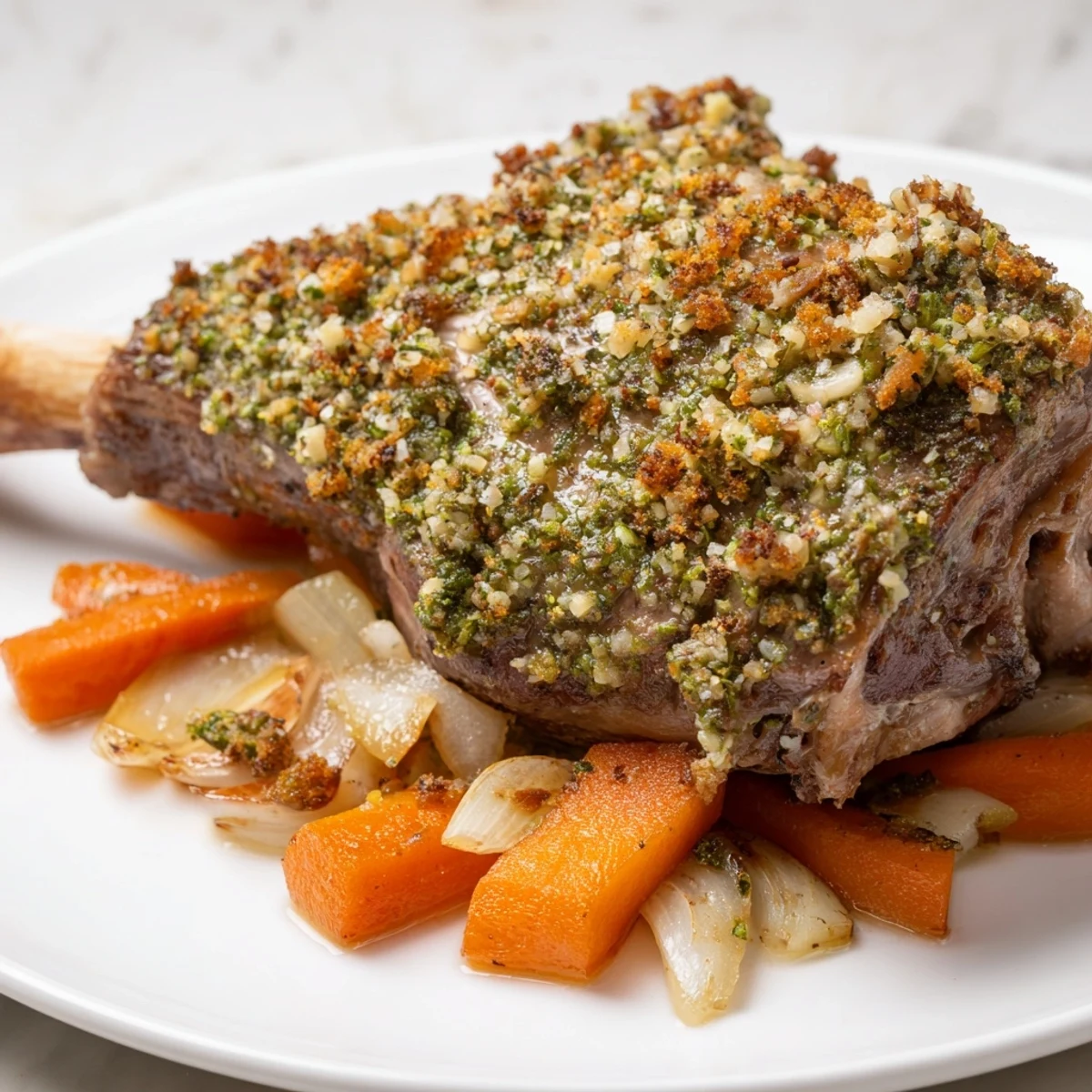 Sliced Roasted Lamb Shoulder with Fresh Herbs served on a rustic platter alongside roasted vegetables, ready for a Mediterranean-inspired dinner.