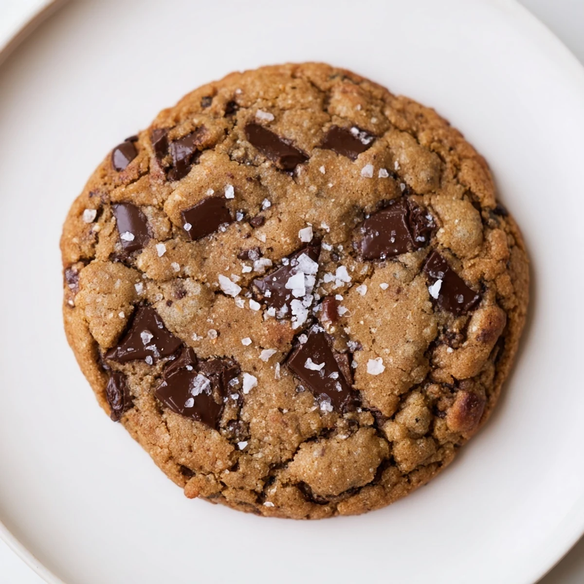 Freshly baked chocolate chip cookies on a wire rack, sprinkled with flaky sea salt and ready to enjoy with a glass of milk.