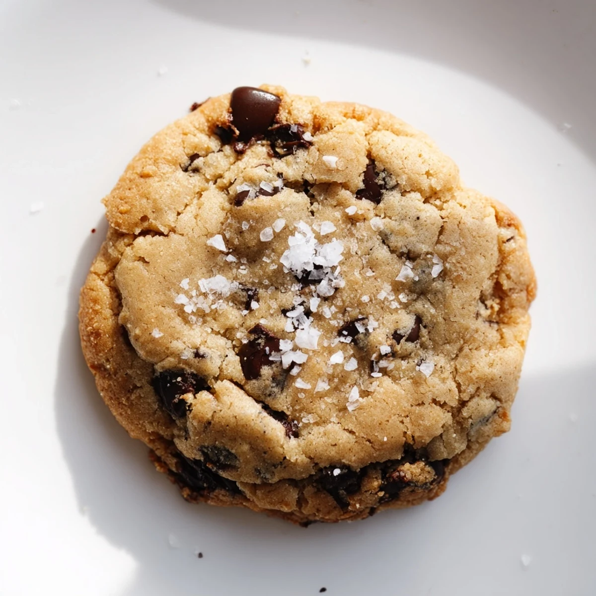 A close-up view of golden-brown chocolate chip cookies with melted chocolate chunks and a savory sea salt topping.