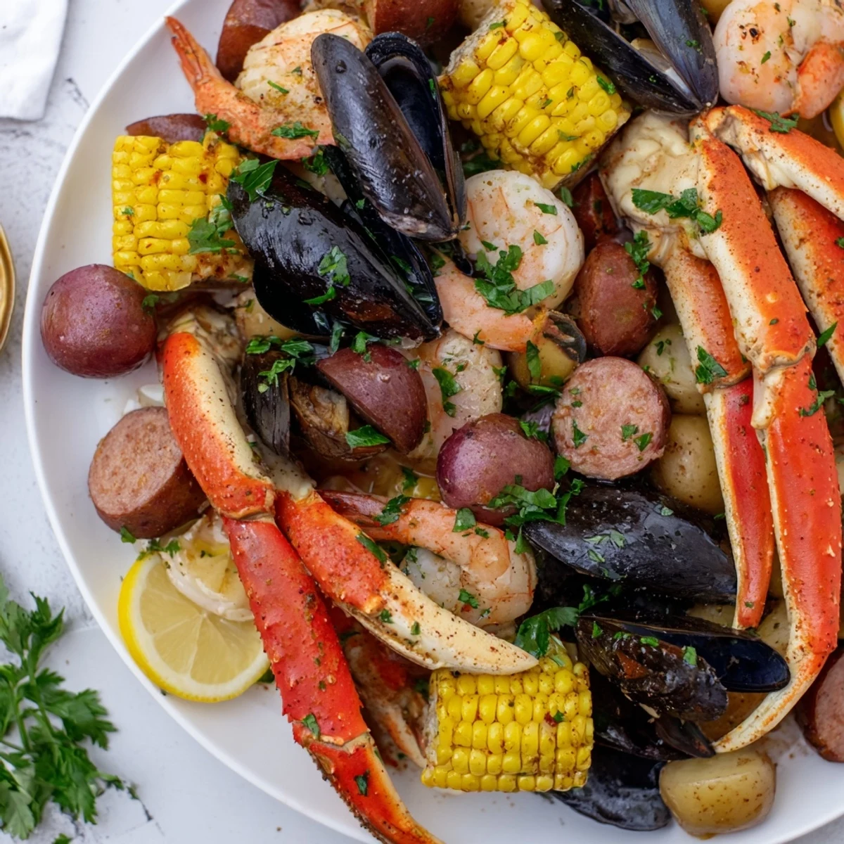 Golden shrimp, crab legs, andouille sausage, and sweet corn glisten in a rustic pile, drenched in bold Cajun broth for a Cajun Seafood Boil with Corn and Sausage.
