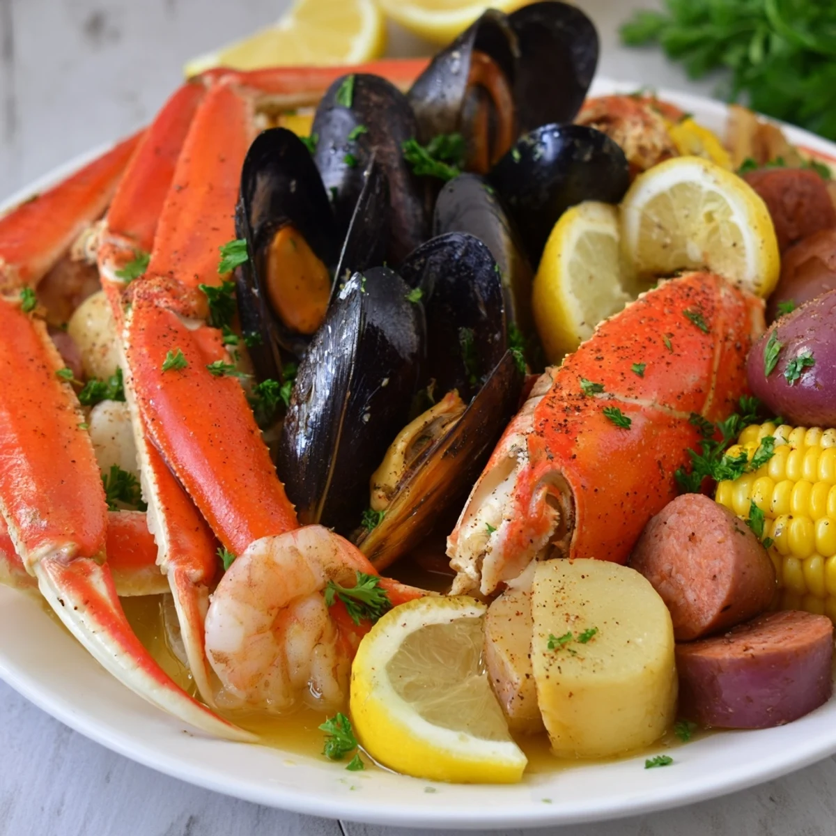 Steam rises from a massive platter of mussels, potatoes, and lemon slices, showcasing the communal feast of a Cajun Seafood Boil with Corn and Sausage.