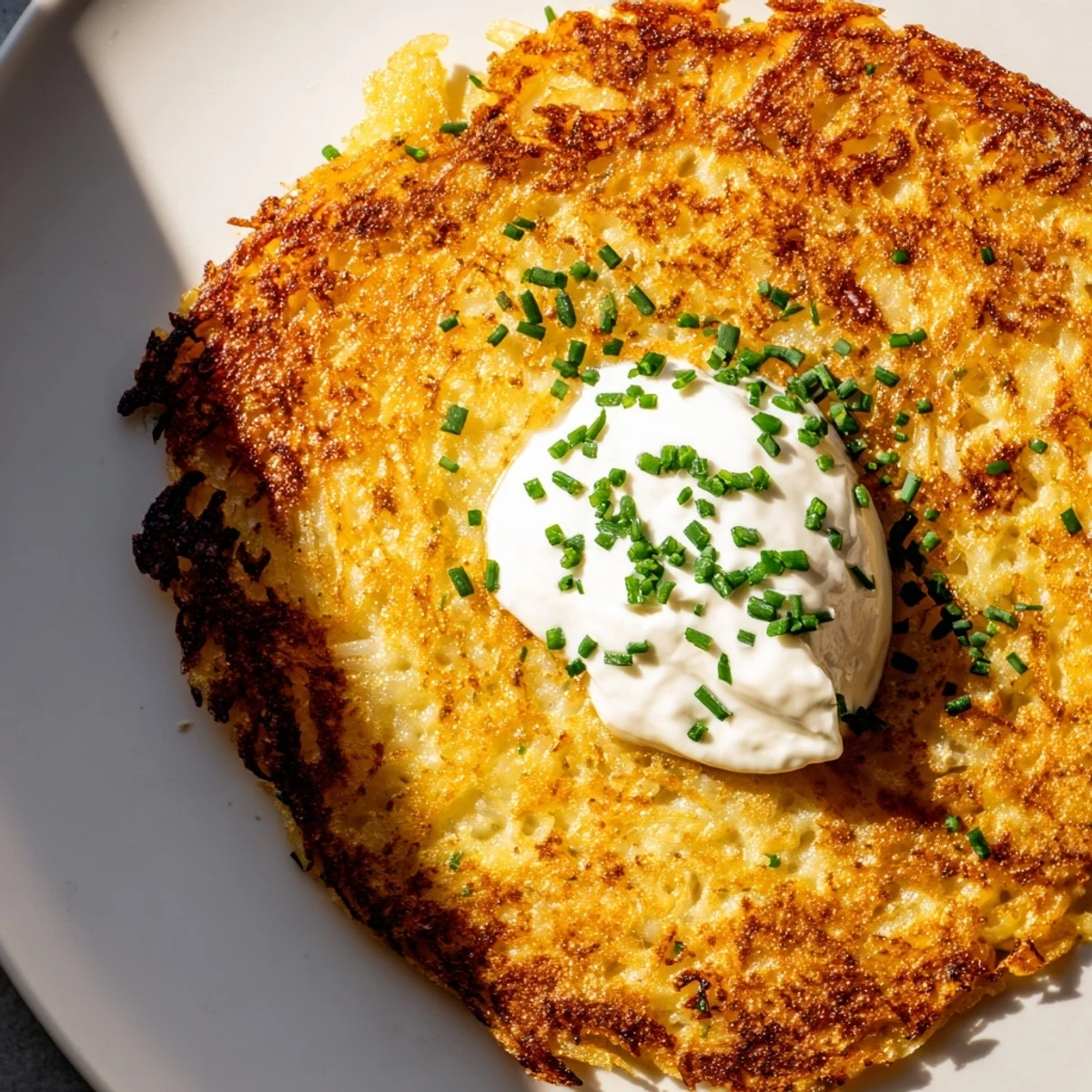 Golden-brown Irish Boxty with Sour Cream and Chives served warm on a rustic wooden plate.