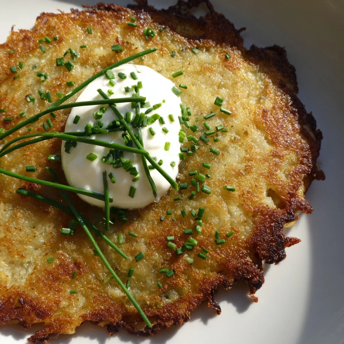 Close-up of crispy Irish Boxty with Sour Cream and Chives on a bright kitchen counter.