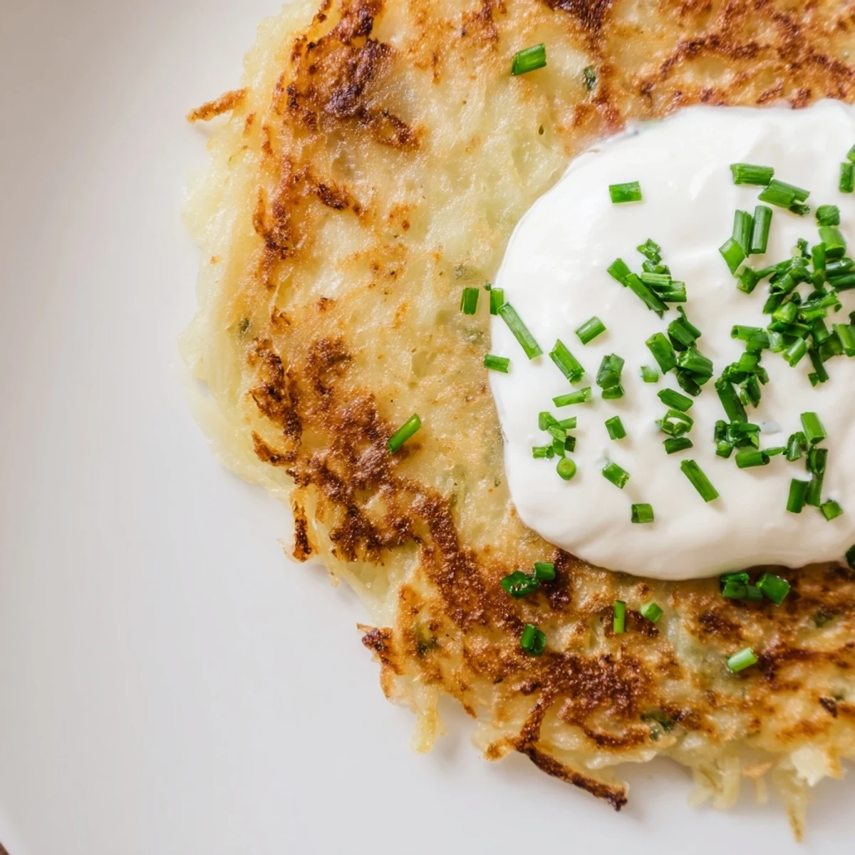 Golden-brown Irish Boxty with Sour Cream and Chives resting on a rustic wooden board beside fresh herbs.