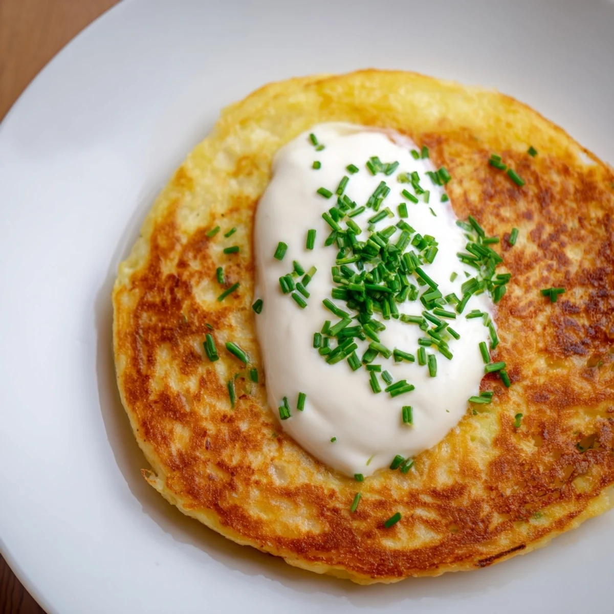 A close-up of crispy Irish Boxty with Sour Cream and Chives topped with a creamy dollop and green garnish.