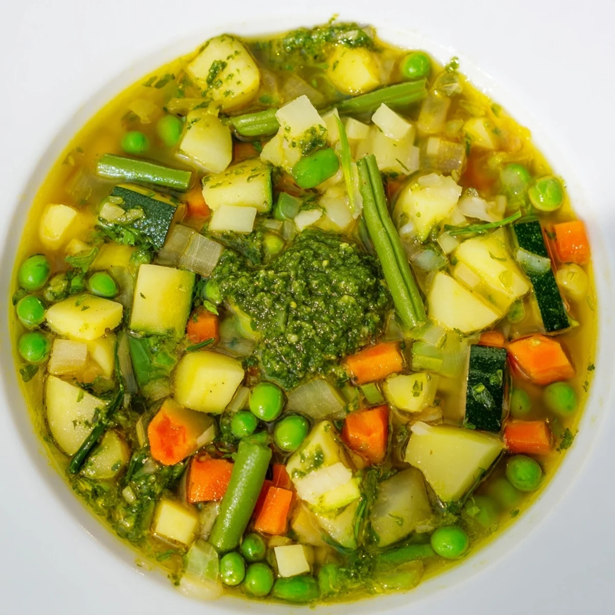Fresh Spring Vegetable Soup with Pesto Swirl in a white bowl with vibrant green peas and carrots.
