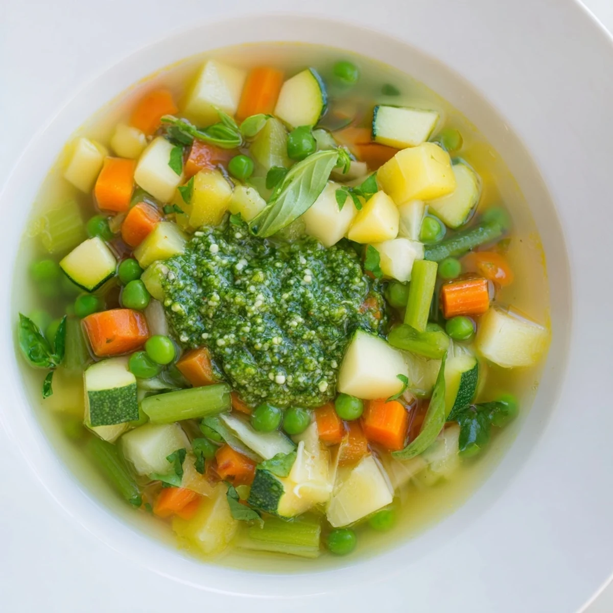 A steaming bowl of Spring Vegetable Soup with Pesto Swirl served with crusty artisan bread on the side.