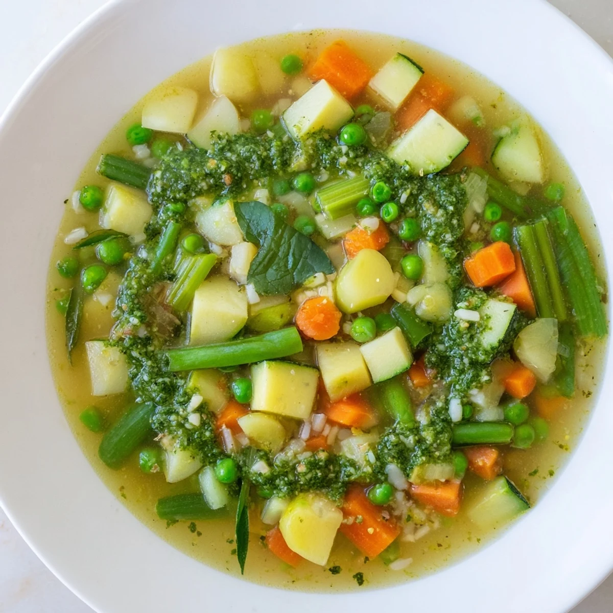 Bright Spring Vegetable Soup with Pesto Swirl in a rustic pot, showcasing tender zucchini and green beans.