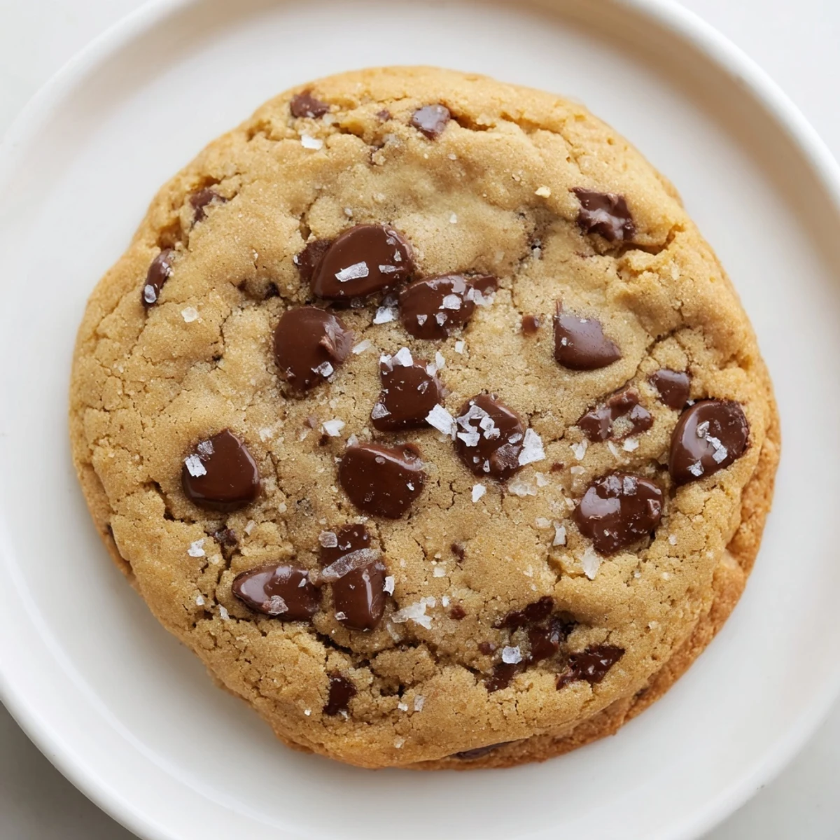 Freshly baked chocolate chip cookies with sea salt glisten on a cooling rack, showcasing gooey melted chocolate.