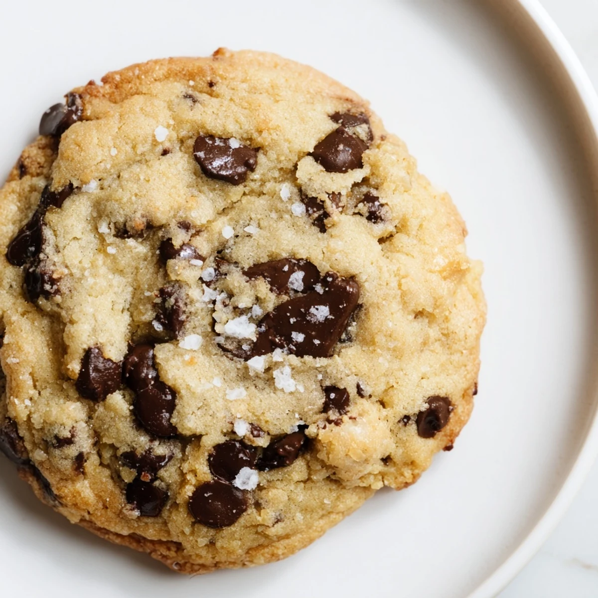Golden chocolate chip cookies with sea salt rest on a baking sheet, sprinkled with flaky salt crystals.