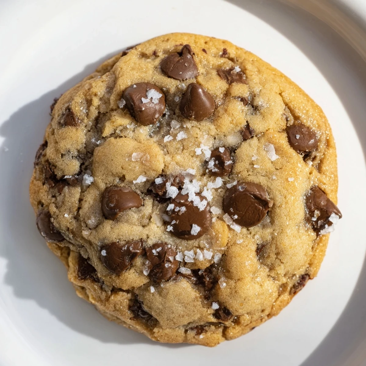 A plate of warm chocolate chip cookies with sea salt pairs beautifully with a tall glass of milk.