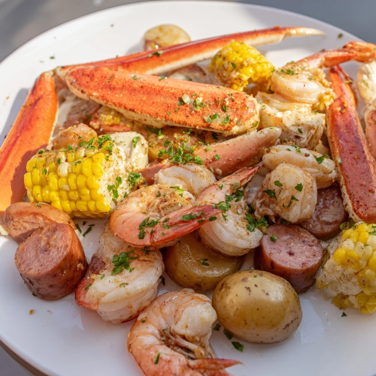A steaming platter of Cajun Seafood Boil with Corn and Sausage, perfect for a Southern family gathering.
