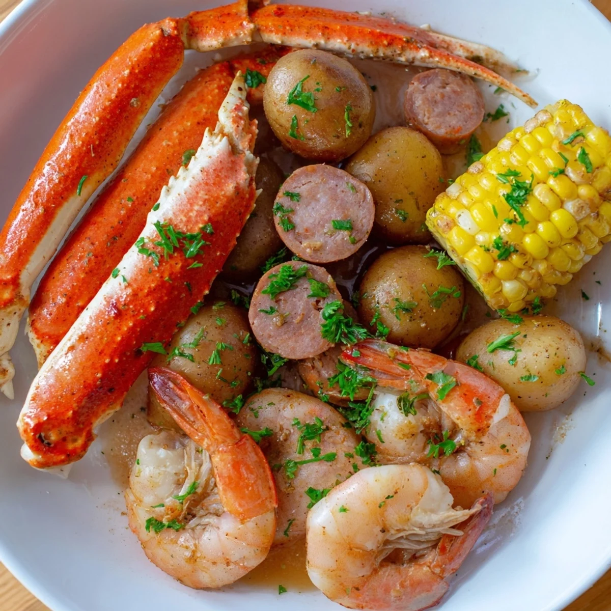 Tender potatoes, mussels, and lemon slices in a buttery Cajun Seafood Boil with Corn and Sausage recipe.