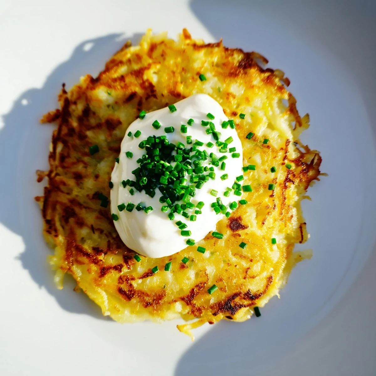 A close-up of crispy Irish Boxty with Sour Cream reveals a tender potato interior and a drizzle of melted butter.