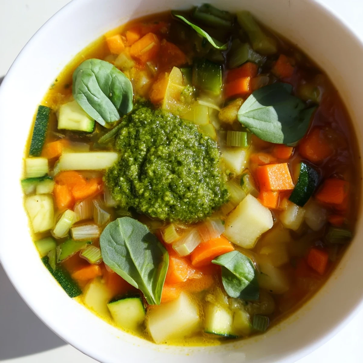 Close-up of steaming Spring Vegetable Soup with Pesto in a rustic bowl, garnished with fresh basil leaves.
