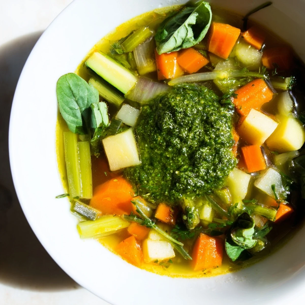 A rustic bowl of Spring Vegetable Soup with Pesto, bright with green peas and carrots, perfect for spring.
