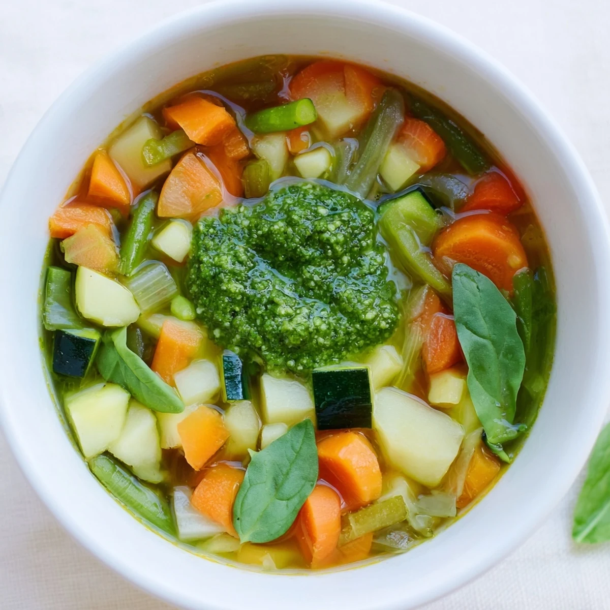 Spring Vegetable Soup with Pesto served alongside crusty artisan bread, ready for a cozy lunch.
