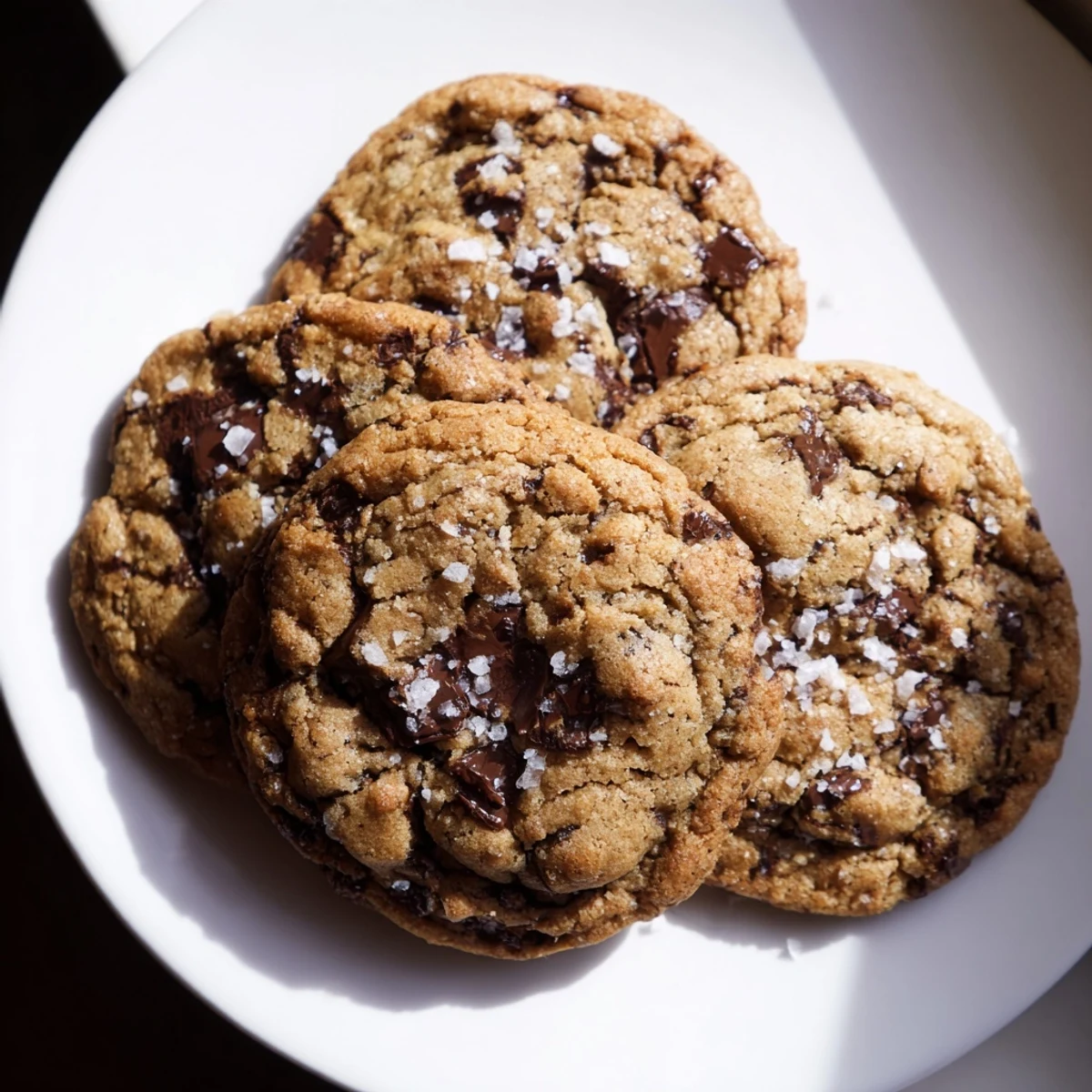 Warm chocolate chip cookies with sea salt beside a tall glass of milk for dipping.