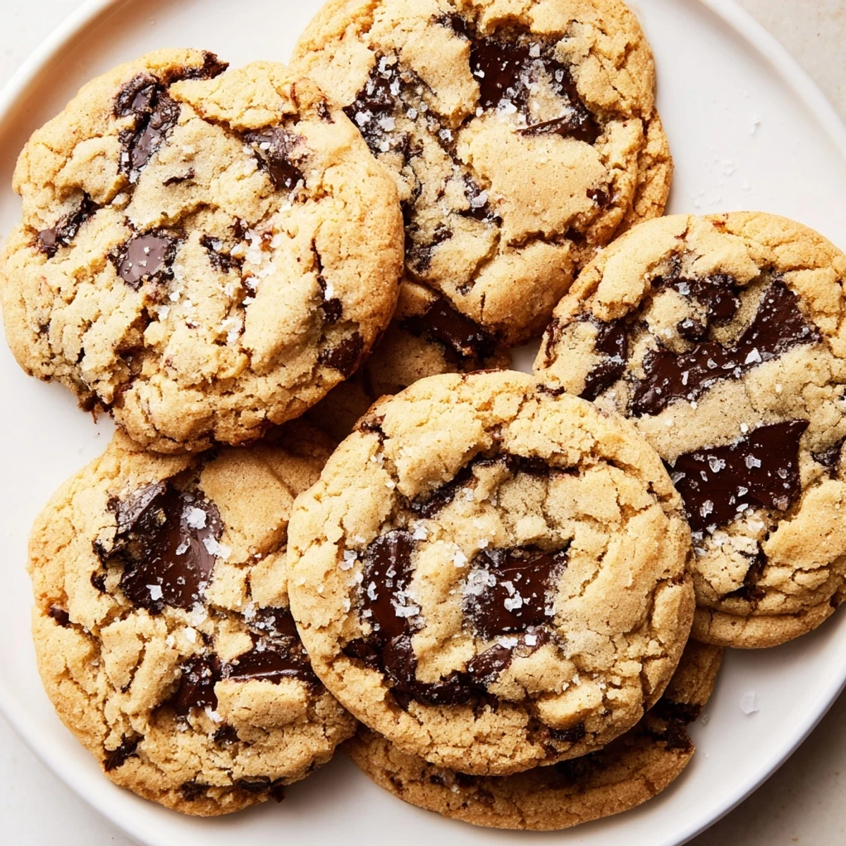 Freshly baked chocolate chip cookies with sea salt arranged on a parchment-lined baking sheet.