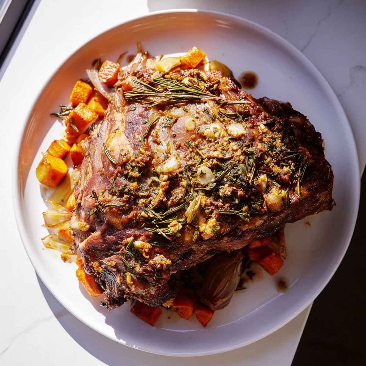 Herb-crusted Roasted Lamb Shoulder with Herbs glistens beside roasted carrots and onions on a rustic platter.