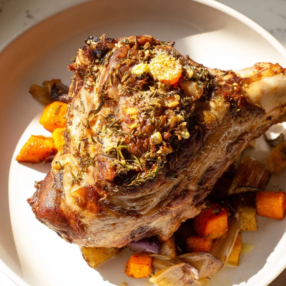 Golden-brown Roasted Lamb Shoulder with Herbs carved and served with pan sauce and fresh herbs for Sunday dinner.