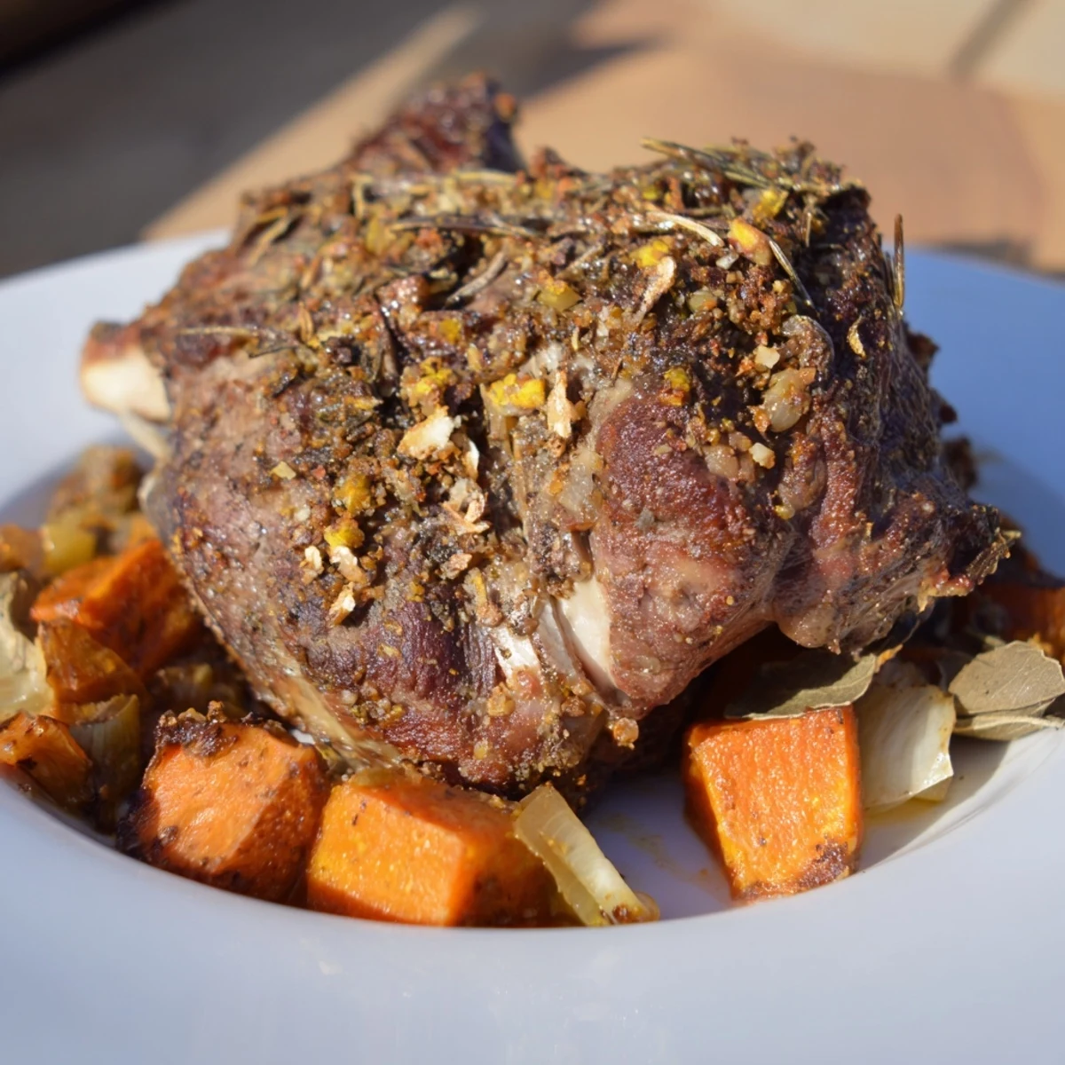Tender Roasted Lamb Shoulder with Herbs rests on a bed of vegetables with rosemary sprigs nearby.