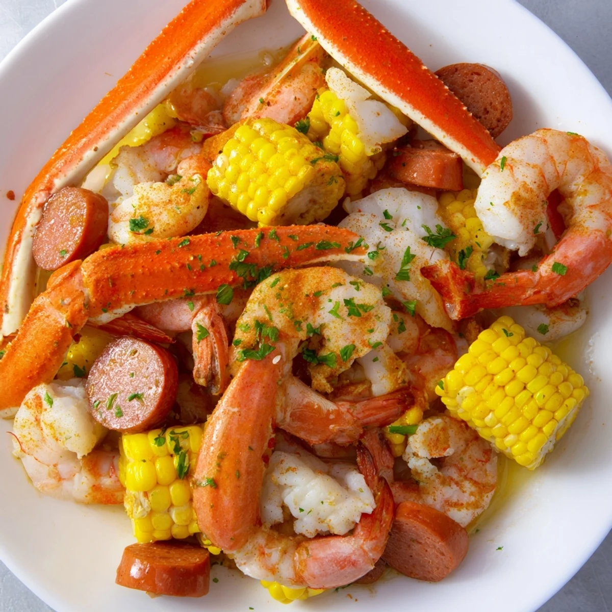 Golden corn cobs, shrimp, and crab legs glisten in a spicy Cajun Seafood Boil served on a newspaper-lined platter.