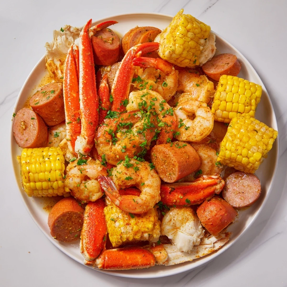 A close-up view of a steaming Cajun Seafood Boil with andouille sausage and potatoes in a zesty broth.