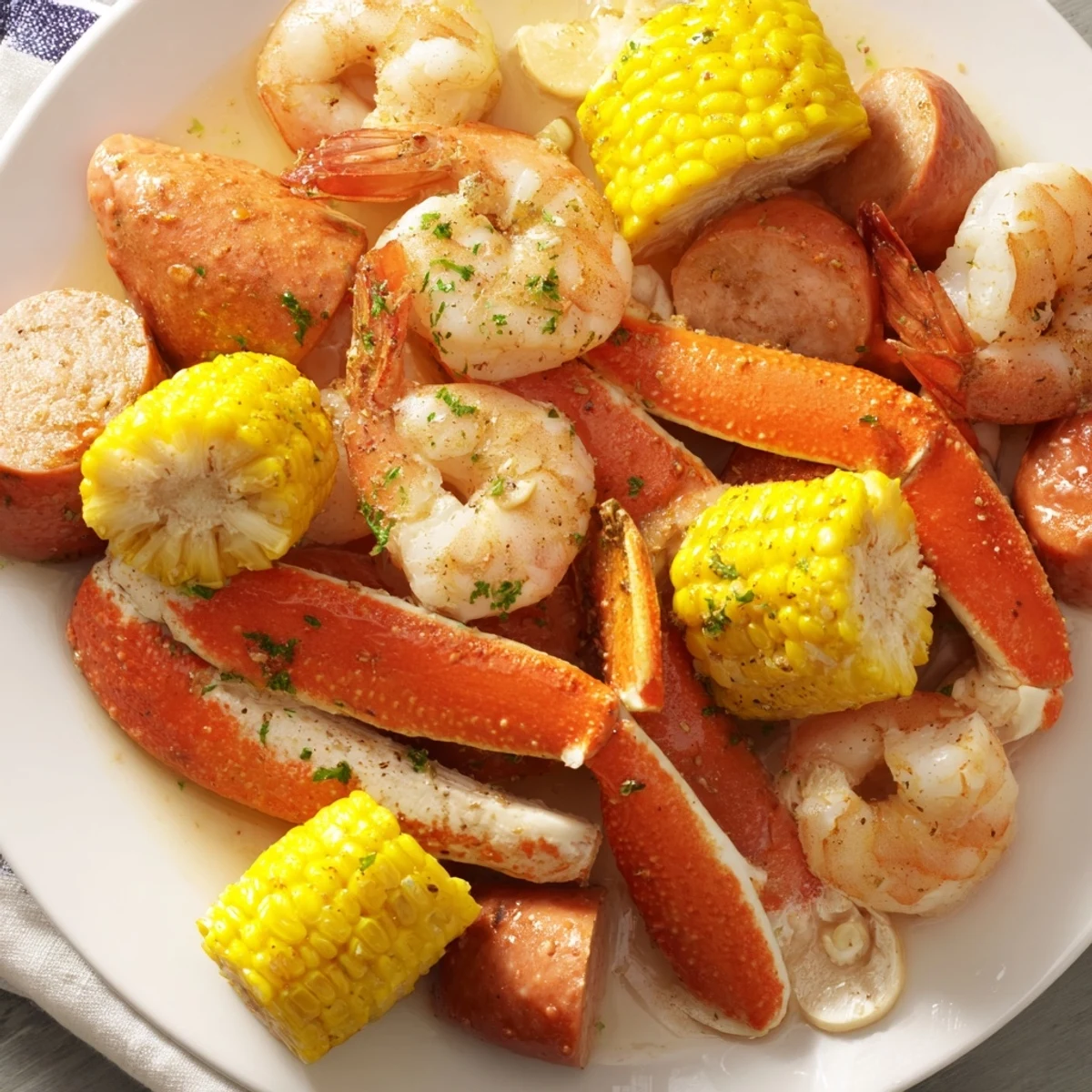 A family-style platter of Cajun Seafood Boil featuring mussels, corn, and buttery seasoning, ready for a feast.