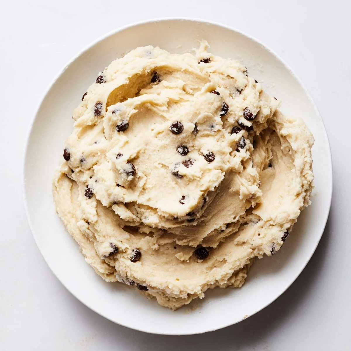 A spoonful of Edible Keto Cookie Dough shows creamy texture with sugar-free chocolate chips in a white bowl.