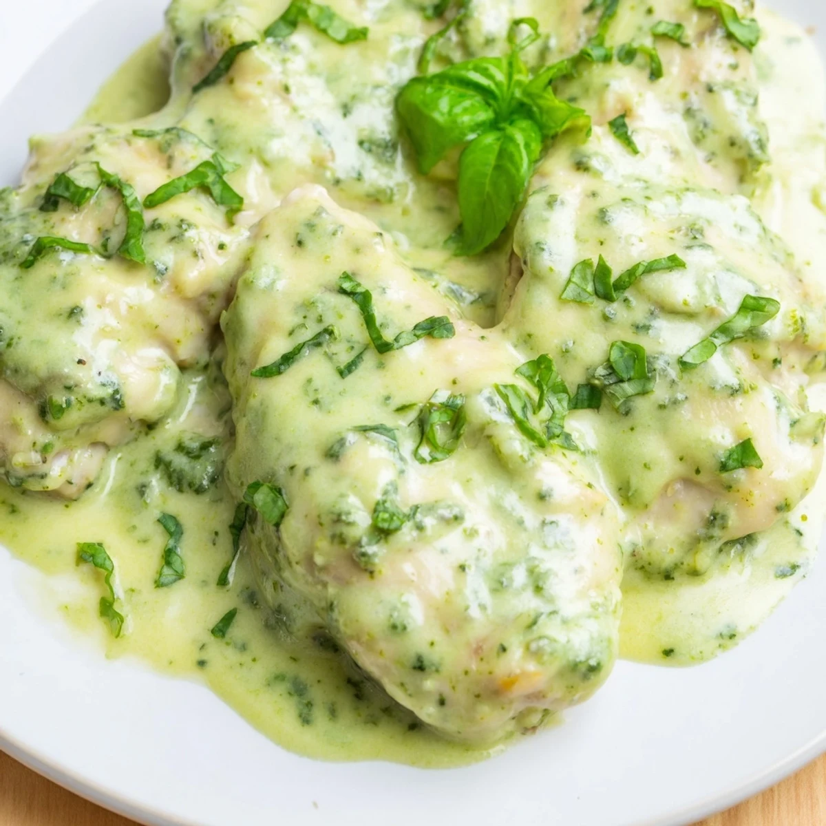 Slow-cooker Pesto Ranch Crock Pot Chicken Thighs served on a white platter with a creamy green sauce and fresh basil.