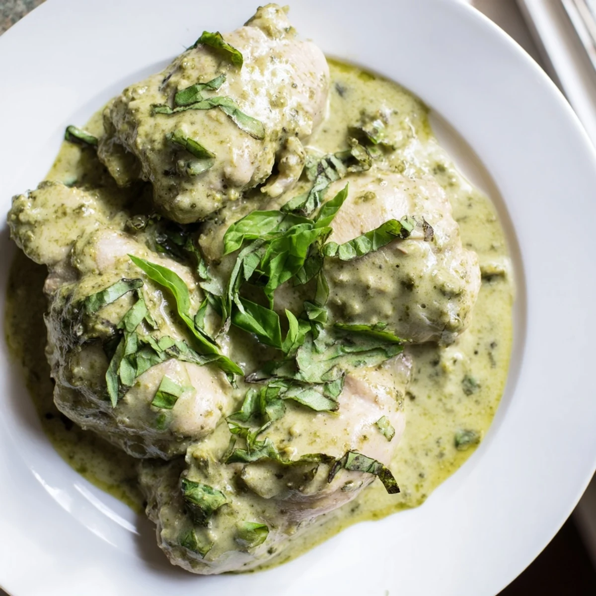 Juicy Pesto Ranch Crock Pot Chicken Thighs plated next to roasted vegetables for a satisfying gluten-free meal idea.