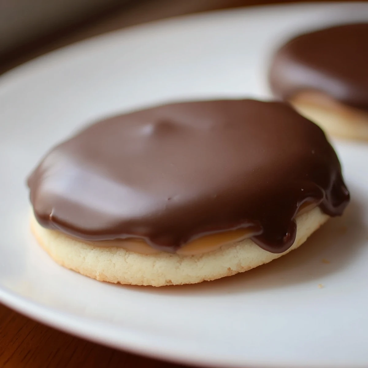 A close-up of homemade Twix Cookies showing buttery shortbread bases topped with golden caramel and smooth milk chocolate, set on a rustic wooden board.