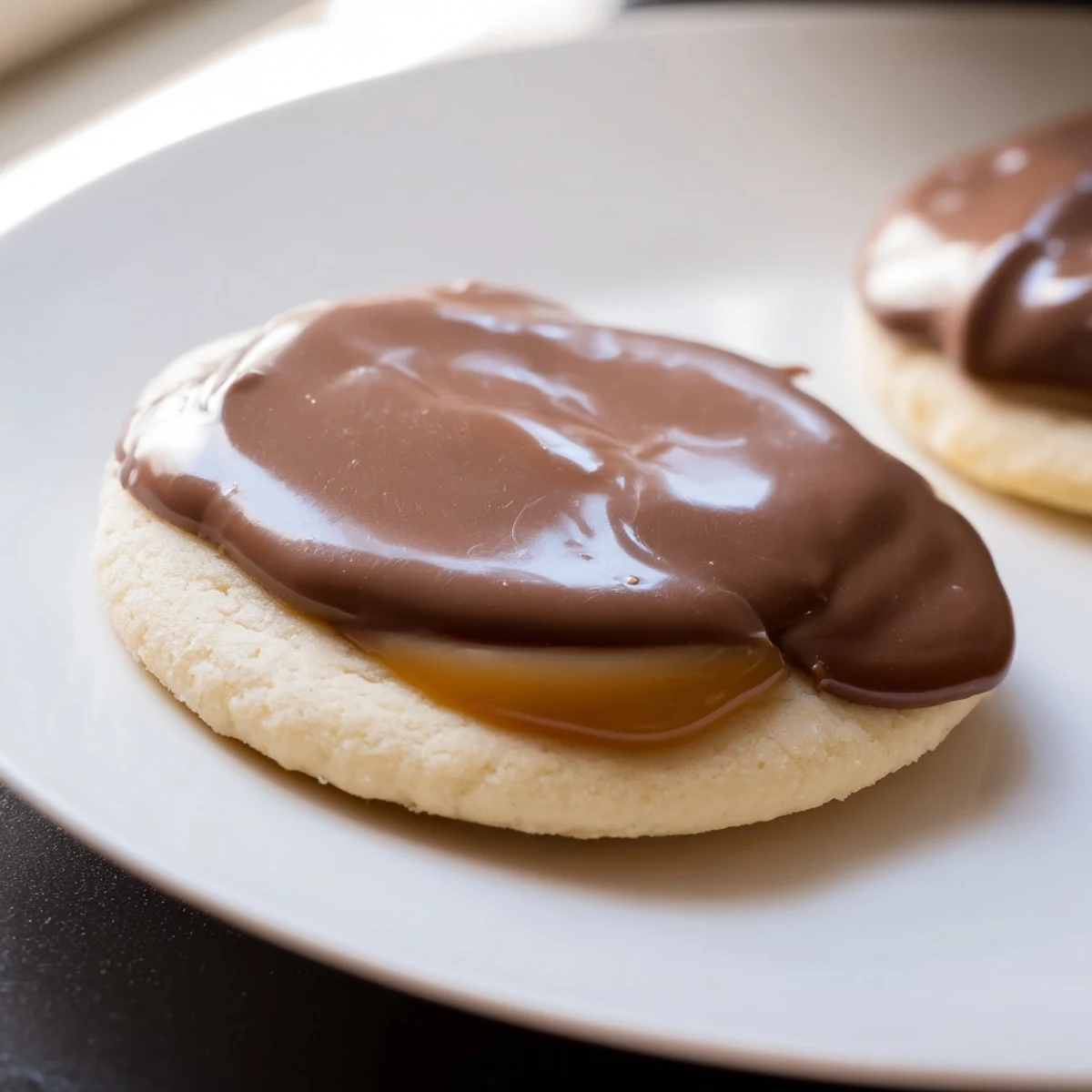 These delicious Twix Cookies are arranged in a neat row on a white plate, perfect for serving at a holiday party or sweet afternoon snack.