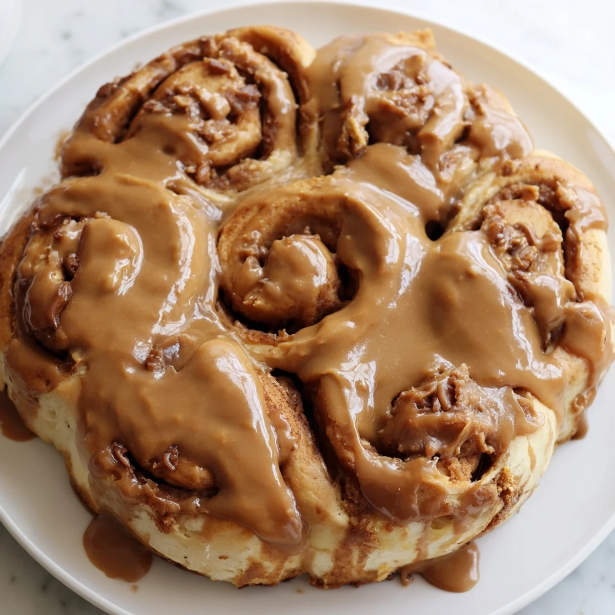 Homemade Soft and Gooey Biscoff Cinnamon Rolls drizzled with creamy glaze, perfect for a decadent dessert or coffee pairing.