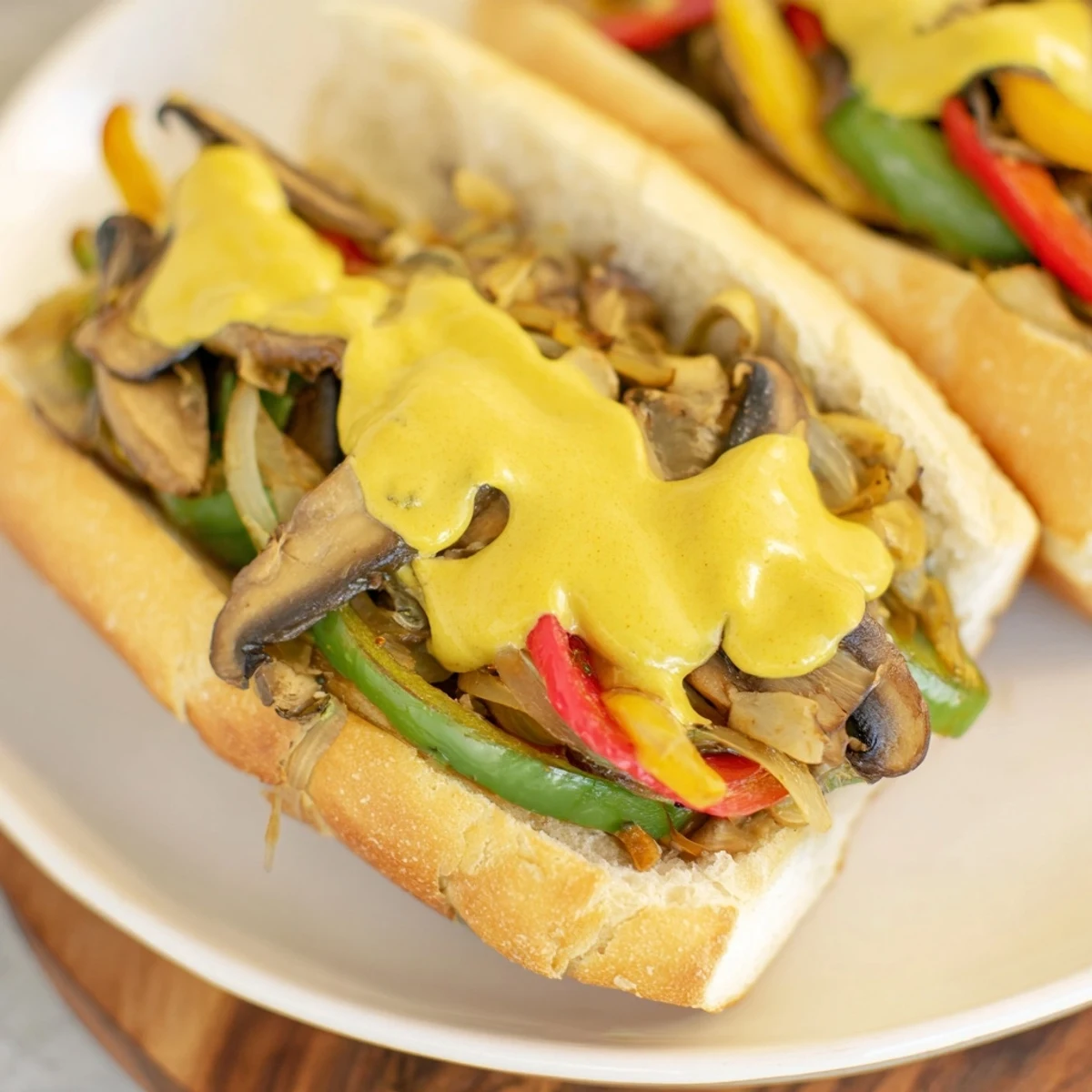 A close-up view of a Vegan Philly Cheesesteak dripping with creamy golden vegan cheese sauce.