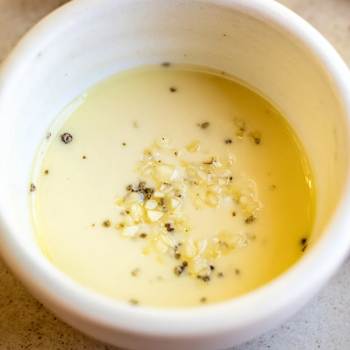 The creamy texture of homemade Lemon Dijon Dressing shines in a glass jar next to fresh lemon wedges.