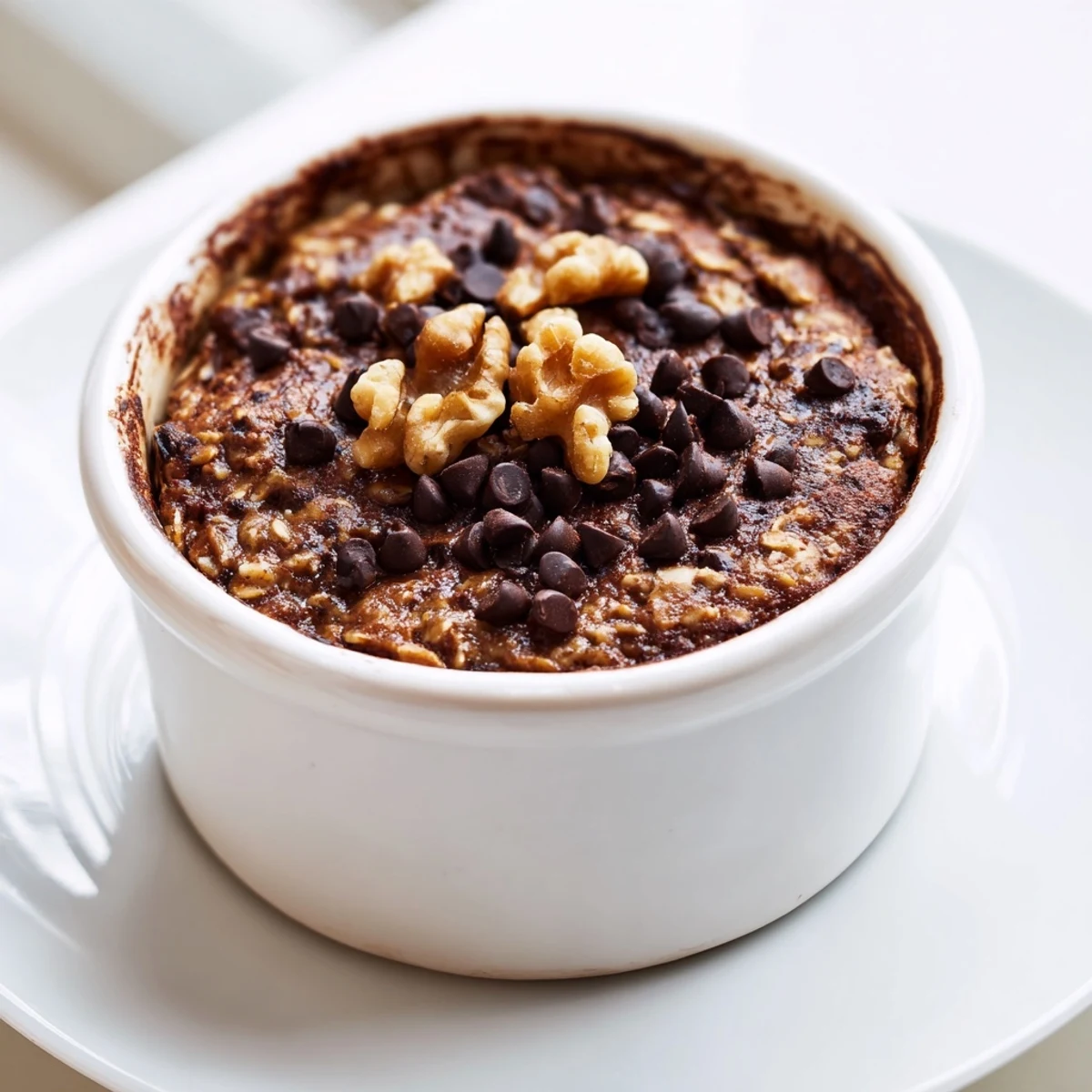 Two warm, fudgy baked oats portions topped with melted chocolate chips, garnished with chopped nuts on a rustic wooden table.