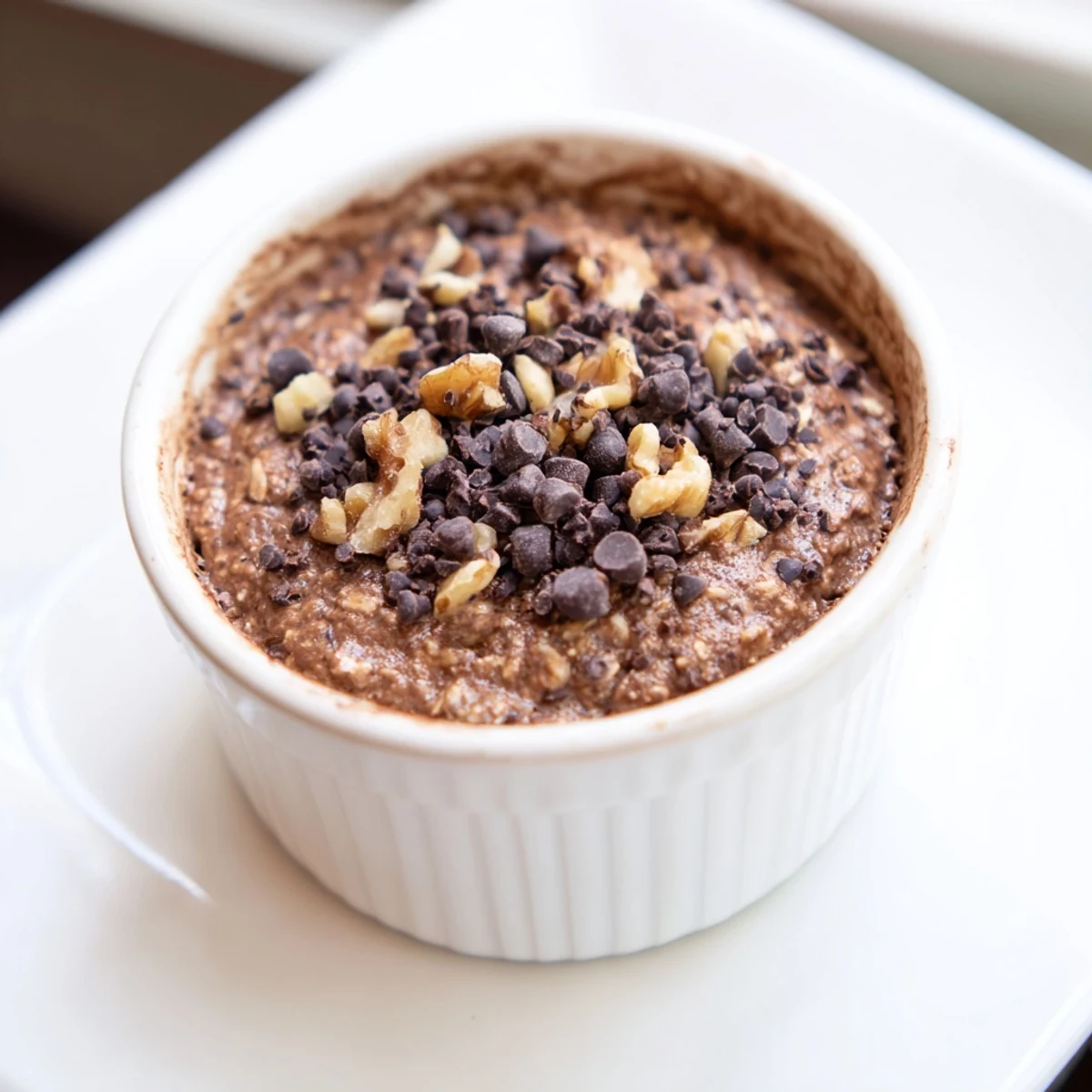A close-up of Easy Chocolate Baked Oats in a ramekin, revealing a soft, gooey center and a cracked, rich cocoa surface.